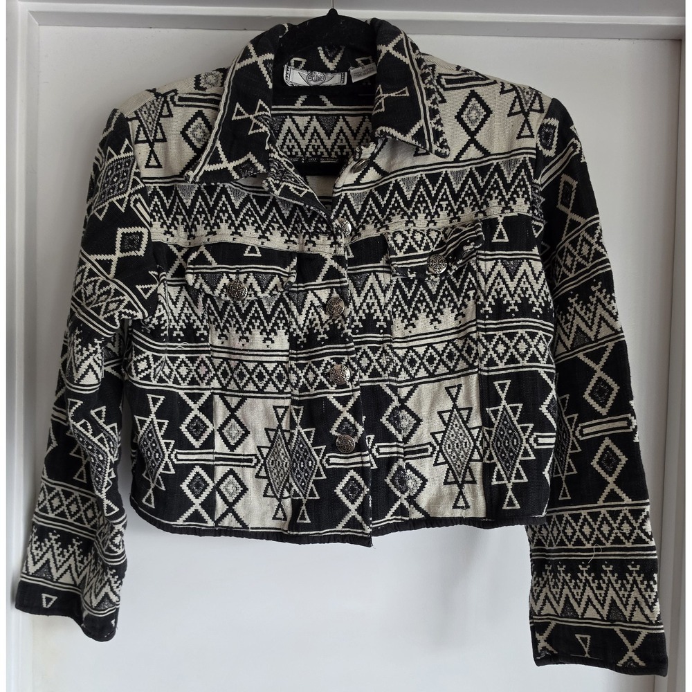 Vintage Essentiale Tapestry Jacket M Black White Southwestern Cropped Boxy Boho